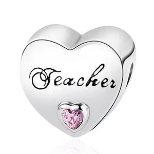 .925 Silver Heart-Shaped Silver Charm with Pink Accent
